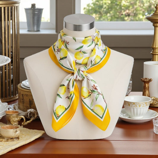 Amalfi Lemon Silk Scarf 70×70 cm – Yellow & White Square Scarf | LUNÉA Atelier Collection 🌿