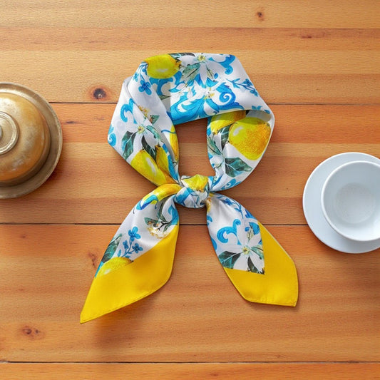 Capri Bloom Silk Scarf 70×70 cm – Lemon & Blue Floral Square Scarf | LUNÉA Atelier Collection 🍋💙