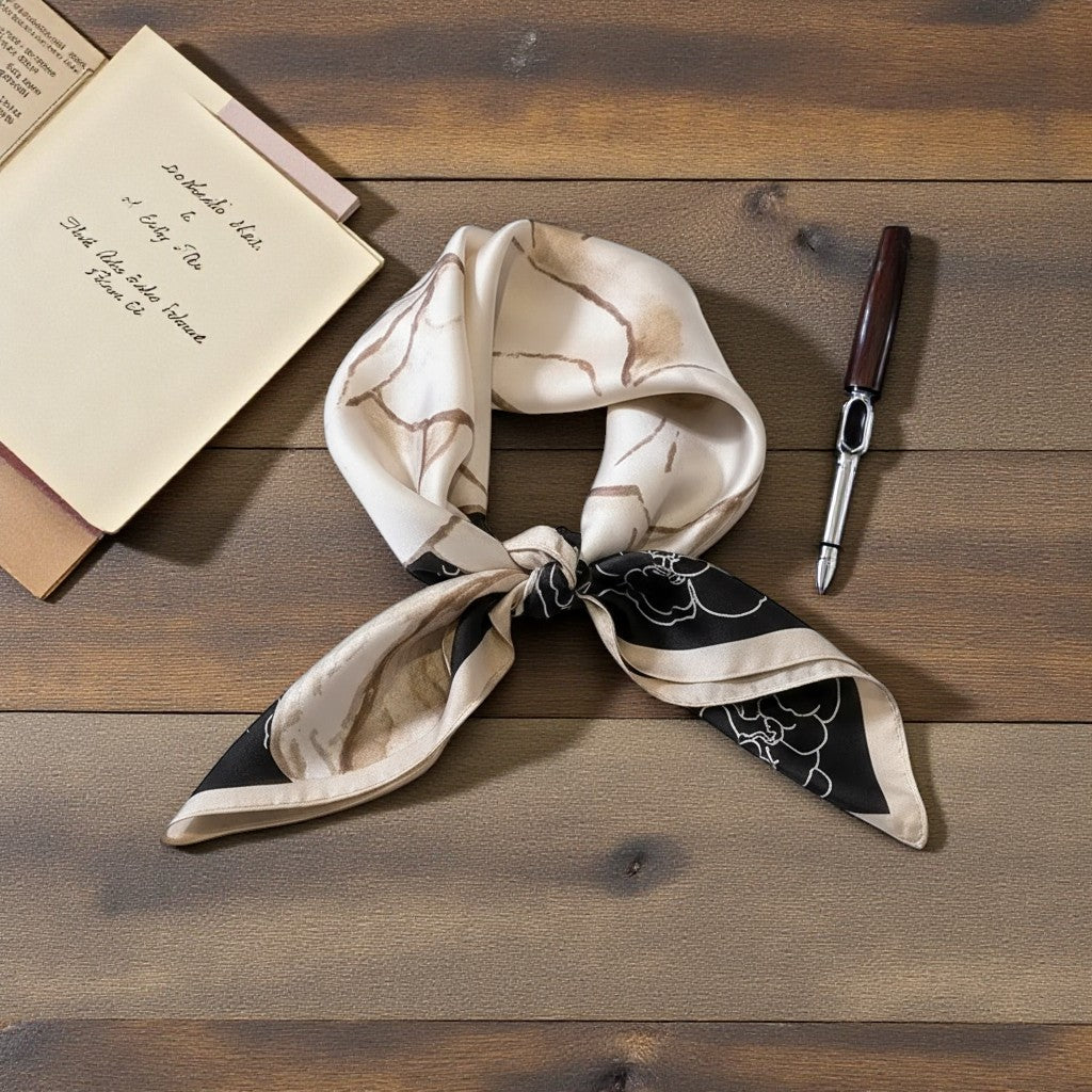 Noir Éclat Silk Scarf 70×70 cm – Beige & Black Minimal Square Scarf | LUNÉA Atelier Collection 🖤✨